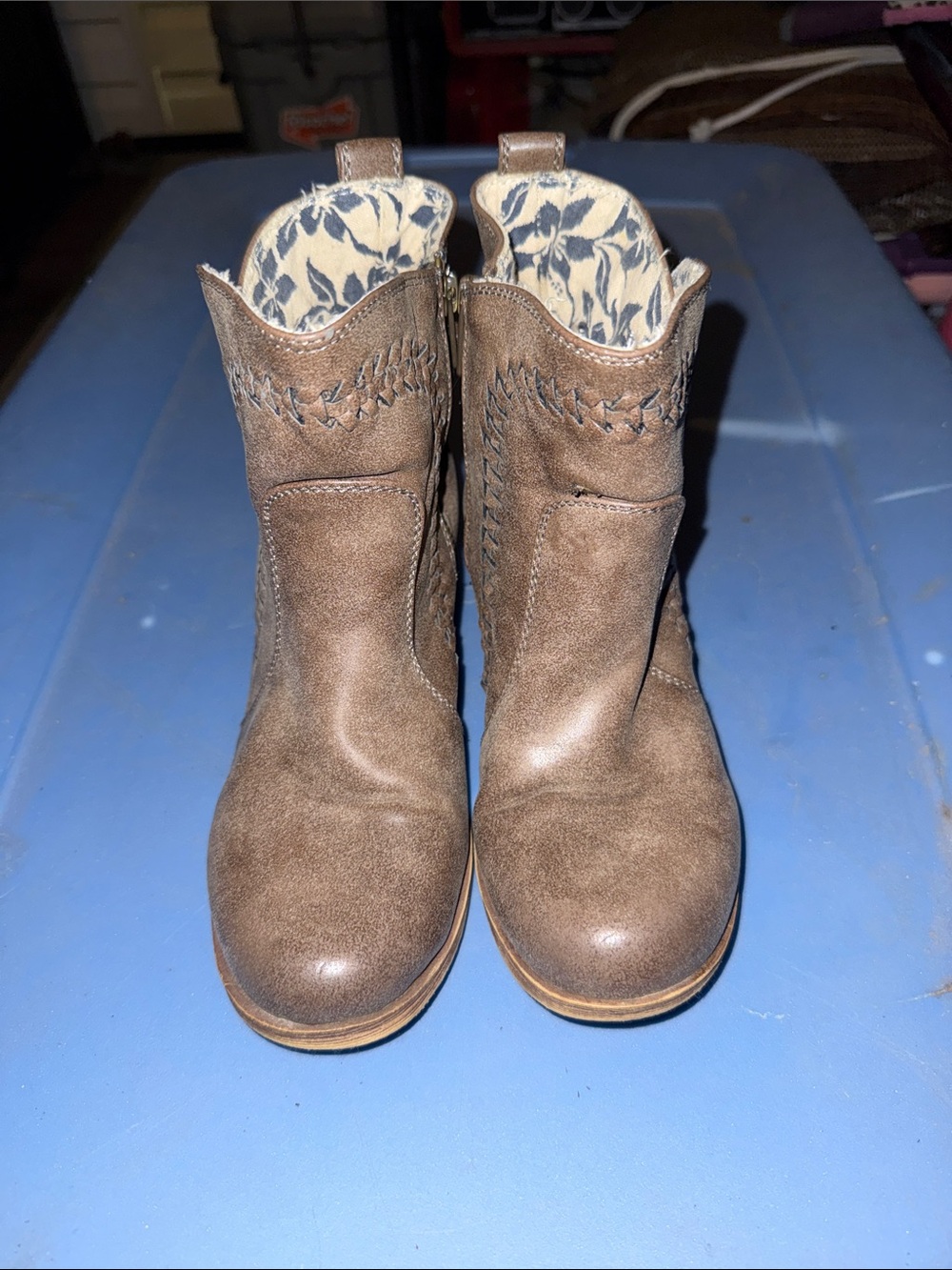 Roxy Brown Distressed Faux-Leather Ankle Booties with Floral Lining